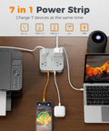 Sleek Flat Surge Protector Power Strip Featuring Ace Usb C Fast Charging Ports And Four Heavy Duty Outlets For Zero Drama Home Office Setup, showing 7 devices charging.