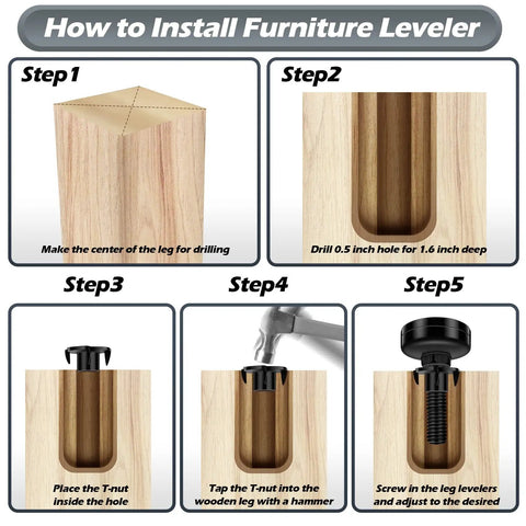 Installation guide for Heavy Duty Adjustable Furniture Leveling Feet Set Ten Pack With T Nut Kit, step-by-step instructions.