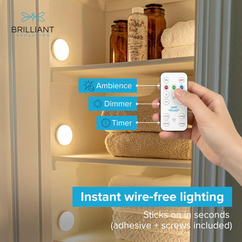Wireless LED Puck Lights 3 Pack With Remote Control For Under Cabinet Lighting, shown in pantry with magnetic mounting.