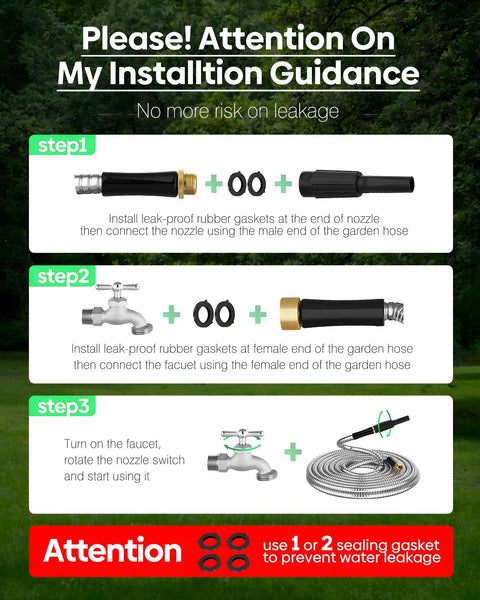 Installation guide for Stainless Steel Garden Hose 3 Ft Connector, show steps with images of hose, gaskets, faucet, and nozzle.