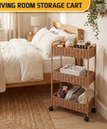 Ultra Slim 3 Tier Rolling Storage Cart for Small Spaces Narrow 7.1 Inch Wide Mobile Shelving Unit by bedside in bedroom
