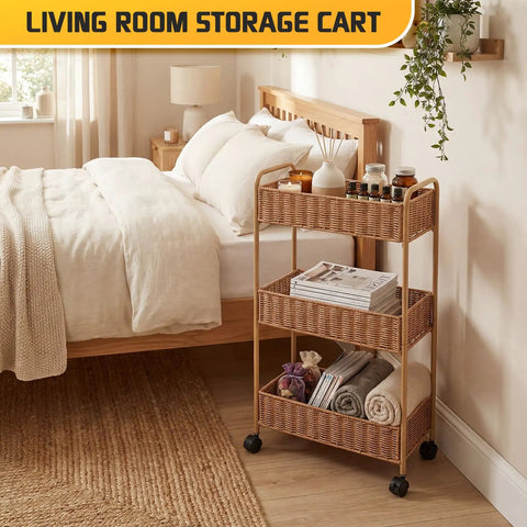 Ultra Slim 3 Tier Rolling Storage Cart for Small Spaces Narrow 7.1 Inch Wide Mobile Shelving Unit by bedside in bedroom