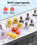 80 Quart Rolling Ice Chest Portable Beverage Cart For Patio Parties Holds Up To 50 Bottles Or 110 Cans. Ice, drinks, fruits visible.