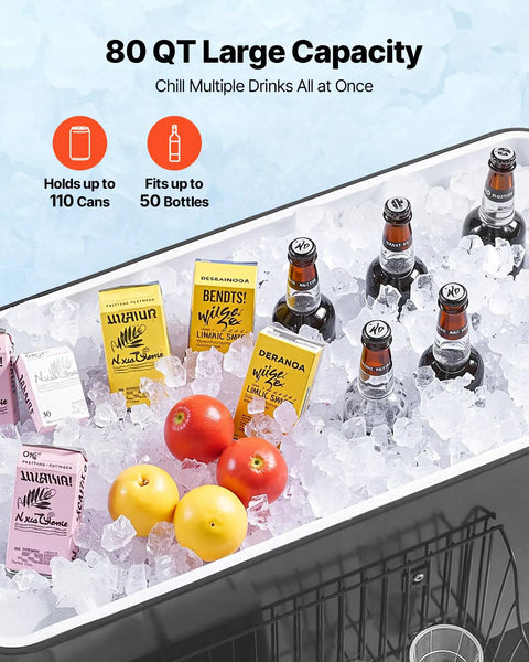 80 Quart Rolling Ice Chest Portable Beverage Cart For Patio Parties Holds Up To 50 Bottles Or 110 Cans. Ice, drinks, fruits visible.