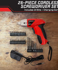 25-Piece Cordless Screwdriver Set With LED Work Light, Automatic Spindle Lock, drill bits, and charging cord in red on wooden surface.