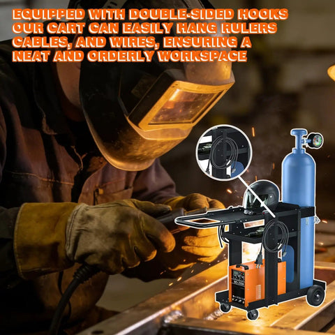 MIG Welder Cart With Table Top Cabinet And Gas Bottle Storage, Built To Haul Heavy Gear For Two Welders in use by a welder