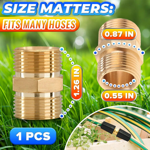 Go To Quick Connect Pressure Washer Hose Adapter M22 14mm Brass Fitting 4500 PSI showing size dimensions and hose use.