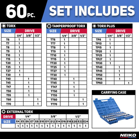 60-Piece Master Torx Bit Socket And External Torx Socket Set In S2 And Cr-V Steel, Supreme Torque Output, includes carrying case