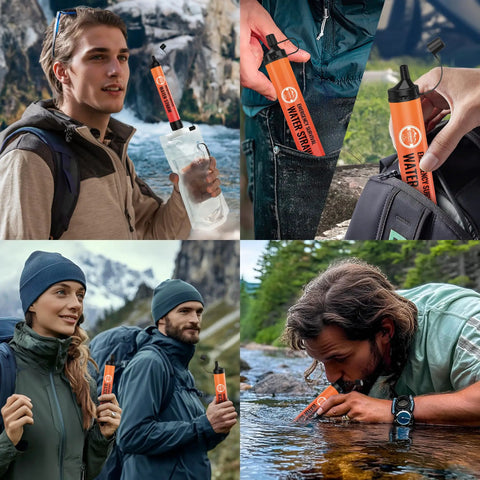 Various people using the Emergency Water Filter Straw 3 Pack For Hiking Camping And Outdoor Prep Personal Survival Filtration System.