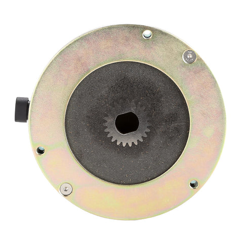 Front view of a round golf cart motor brake for EZGO RXV, gold zinc finish and black spline center