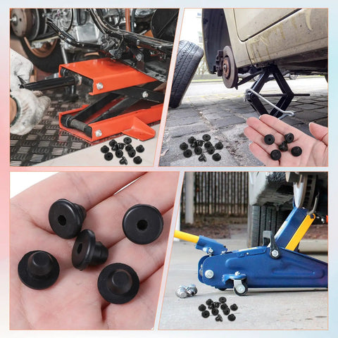 Bulk 12 Pack Rubber Jack Oil Plugs, Flat Head Hydraulic Filler Bung For Oil Reservoir Hole, shown with hydraulic jacks