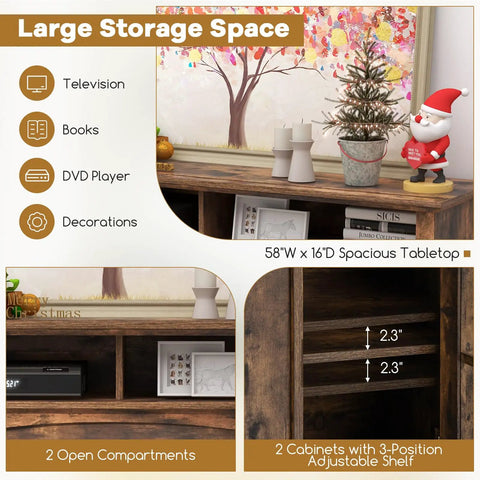 Electric Fireplace TV Stand For 65 Inch TVs With 23 Inch Insert, large brown wooden media console with open compartments, decorations, and storage space.