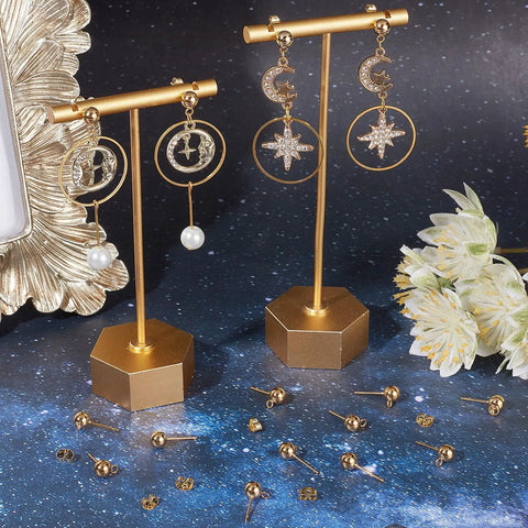 24K Gold Plated Stainless Steel Ball Stud Earring Findings 50 Pcs With Loops 6mm Posts For DIY Jewelry Making Bling Wedding Valentines Day Crafts on display