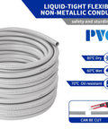 Coiled Half Inch Flexible Liquid Tight PVC Electrical Conduit Kit for Outdoor Use, 100 Feet Non Metallic Grey, displayed with features.