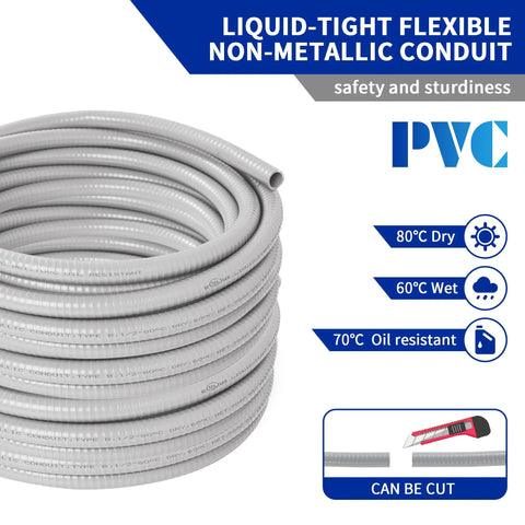 Coiled Half Inch Flexible Liquid Tight PVC Electrical Conduit Kit for Outdoor Use, 100 Feet Non Metallic Grey, displayed with features.