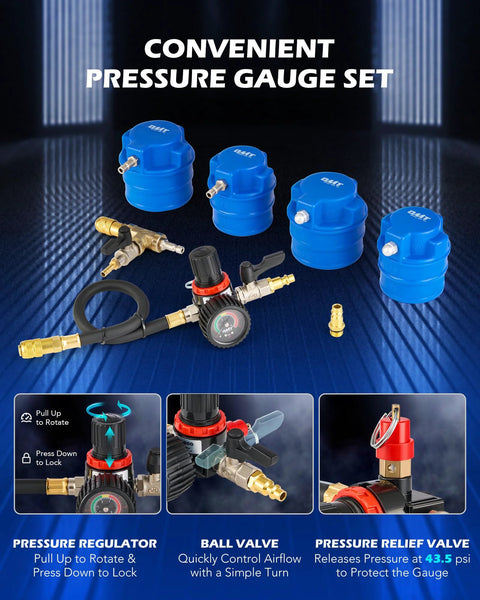 Front view of Orion Motor Tech turbo boost leak tester kit with blue regulators, gauge, hoses and brass fittings.