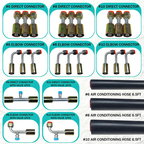 26 Piece AC Hose Kit With Six Point Five Foot Hoses And Fittings For Most Cars Trucks And SUVs Universal Auto AC Repair Kit With O Ring Easy Install Durable Build connectors and hoses layout