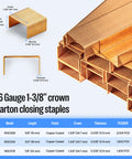 Carton Closing Staples Sixteen Gauge One And Three Eighths Inch Crown By Three Quarters Inch Leg Copper Coated For Pneumatic And Manual Box Staplers 1600 Pack Beefy Hold Heavy Duty Cardboard Sealing Staples shown with size details.
