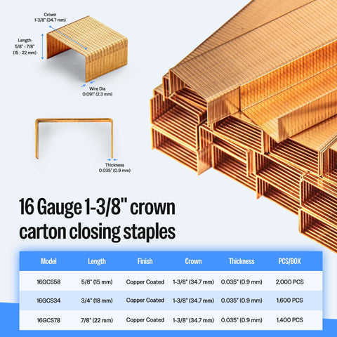Carton Closing Staples Sixteen Gauge One And Three Eighths Inch Crown By Three Quarters Inch Leg Copper Coated For Pneumatic And Manual Box Staplers 1600 Pack Beefy Hold Heavy Duty Cardboard Sealing Staples shown with size details.