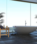 20 Inch Teak Shower Bench Chair Waterproof Teak Wood Stool With Curved Edge Seat next to modern bathtub in elegant bathroom