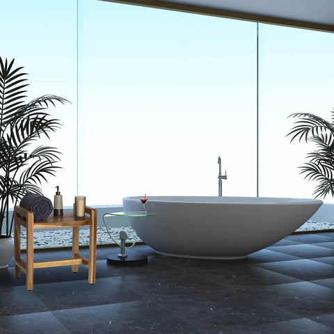 20 Inch Teak Shower Bench Chair Waterproof Teak Wood Stool With Curved Edge Seat next to modern bathtub in elegant bathroom