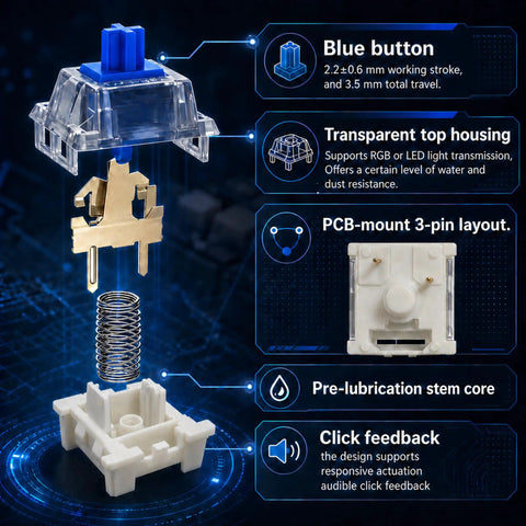 Blue 3 Pin Clicky Mechanical Keyboard Switches Set Pre Lubed MX Compatible RGB For Repair Custom Builds Typing Gaming And DIY Projects Great Replacements For Worn Or Inconsistent Keys 25 Pack, transparent housing