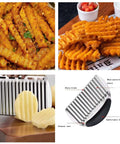 Collage of stainless steel crinkle cutter and fry slicer: front/side views, blade close-up, handle/vent diagram.