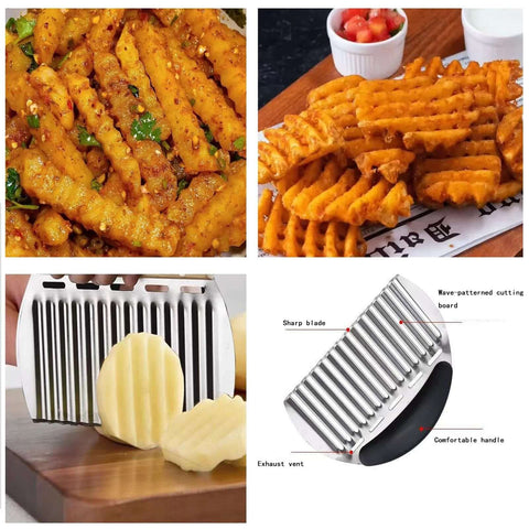 Collage of stainless steel crinkle cutter and fry slicer: front/side views, blade close-up, handle/vent diagram.