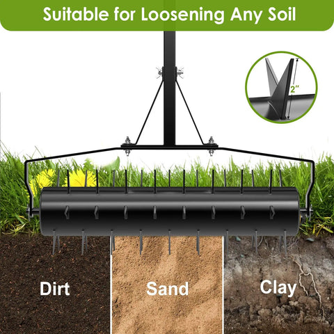 18 Inch Rolling Lawn Aerator With Heavy Duty Spikes shown above dirt, sand, and clay for soil penetration and aeration.