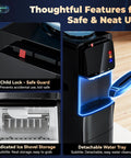 Close-up of 4-In-1 Water Dispenser With Ice Maker For Home And Office Hot Cold And Room Temp Water Plus Fast Ice showing child lock and tray