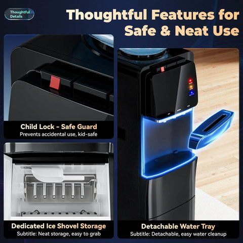 Close-up of 4-In-1 Water Dispenser With Ice Maker For Home And Office Hot Cold And Room Temp Water Plus Fast Ice showing child lock and tray