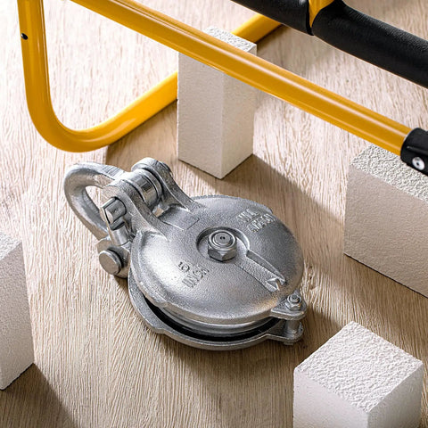 Heavy Duty Snatch Block Pulley With Shackle And Pin, 4.5 Ton Capacity, 5 Inch Sheave, Silver Finish, Wire Rope Cable Pulley For Rigging, Lifting, Towing, Off Road, Marine Use mounted with shackle