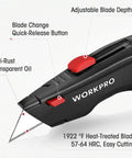 Premium Utility Knife, Retractable All Metal Heavy Duty Box Cutter, adjustable blade depth, quick-change, anti-rust oil, WORKPRO logo.