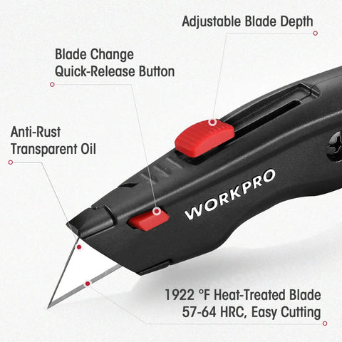 Premium Utility Knife, Retractable All Metal Heavy Duty Box Cutter, adjustable blade depth, quick-change, anti-rust oil, WORKPRO logo.