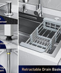26-Inch Freestanding Stainless Steel Utility Sink With Cabinet featuring soap dispenser, drain basket, adjustable feet, and drainage system