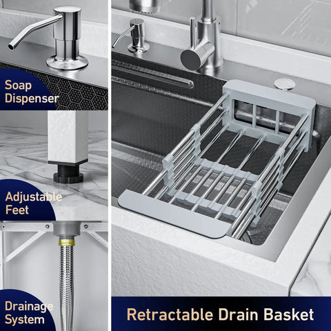 26-Inch Freestanding Stainless Steel Utility Sink With Cabinet featuring soap dispenser, drain basket, adjustable feet, and drainage system