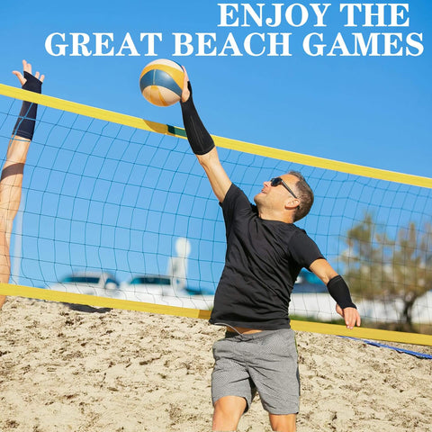 Man playing beach volleyball wearing Volleyball Arm Sleeves Gear Compression Forearm Guards For Sports Training Keep Warm And Sweat Wicking Non Slip Inner Silicone Durable Nylon And Polyester Youth 8 Plus And Adults Ideal For Volleyball Basketball Running And More.