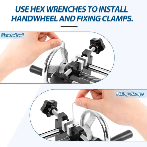 Manual Force Test Stand With Horizontal Spiral Stroke 220mm And 500N Capacity Handwheel Controlled Dialed In Spiral Mechanism For Precise Tension And Pull Testing Compact 9Lb Steel Frame With Preinstalled Fixed Clamp Includes HJJ001 APW Clamp, handwheel installation with hex wrenches