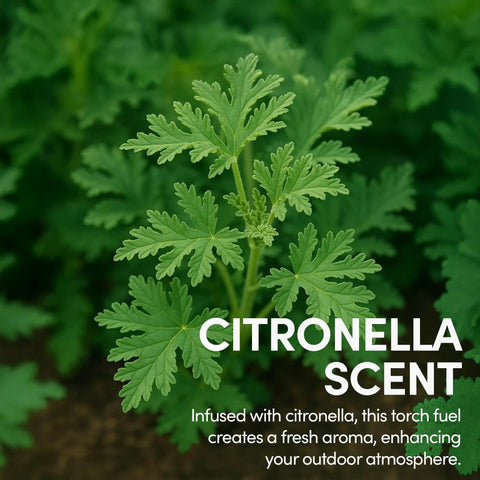 Citronella plant emphasizing "Citronella Scent" for Citronella Torch Fuel With Clean Burning Biodegradable Formula And Extended Burn Time.