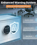 Must Have White Biometric Safe With Fingerprint Lock And Touchscreen Keypad, Jewelry And Cash Safe For Home Office Or Bedroom, showcasing enhanced warning system in an office setting.
