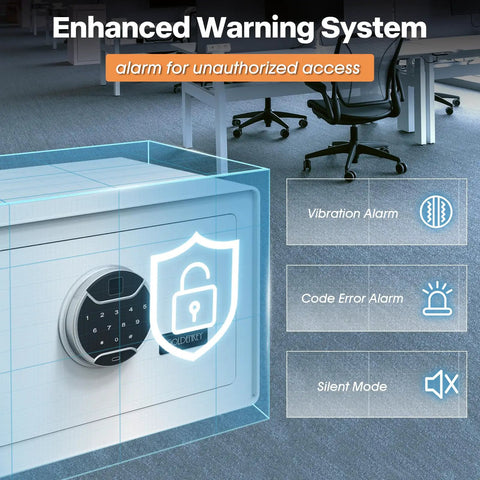 Must Have White Biometric Safe With Fingerprint Lock And Touchscreen Keypad, Jewelry And Cash Safe For Home Office Or Bedroom, showcasing enhanced warning system in an office setting.