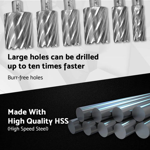 Annular Cutter Set For Magnetic Drill Press With HSS M2AL Steel Bits, shown with six cutter heads and high-speed steel rods.
