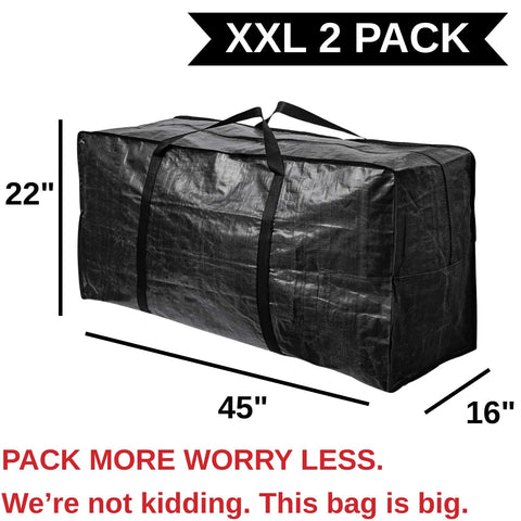 XXL 68.5 Gallon Heavy Duty Storage Bags Two Pack With Mega Strong Wrap Around Handles Zippered Reusable Moving Totes shown in dimensions