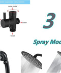 Diagram of water separator and multiple spray modes for High Pressure 8 Inch Round Rainfall Shower Head With Handheld, Matte Black Finish.