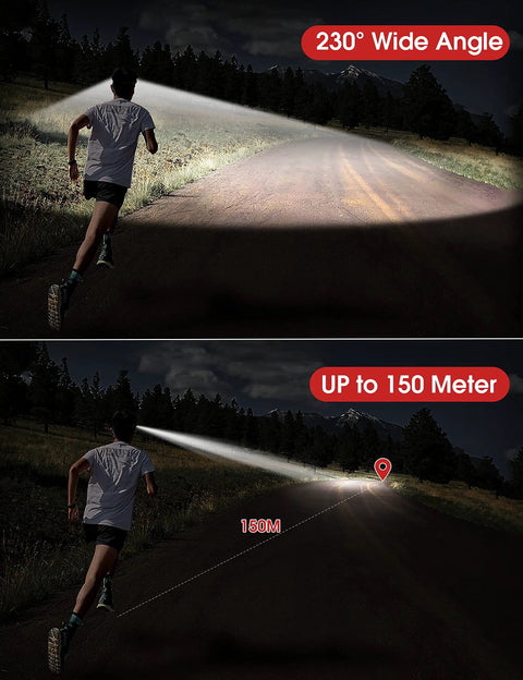 Runner using Two Pack Rechargeable Headlamp Set With LED Headlamps For Adults, 230 Degree Wide Beam, USB Charging in night