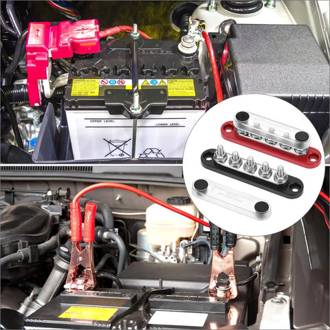 Top Shelf Mini Bus Bar Power Distribution Block 150A Tin Plated Copper 48V Dc 300V Ac Terminals for Automotive setup with battery.