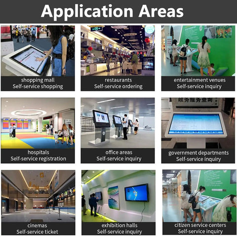 Top Shelf 32 Inch Capacitive Touch Screen Kiosk in various application areas like shopping mall and hospitals for self-service.