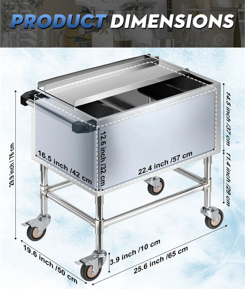 Ice Bin Cart With Wheels For Outdoor Parties And Patio Events A Portable Insulated Cooler Cart On The Go, stainless steel with dimensions.