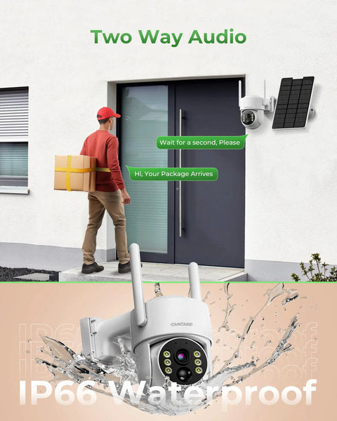 Solar Wireless Security Camera System With 10 Inch Monitor Outdoor Surveillance Kit showing two-way audio and waterproof feature