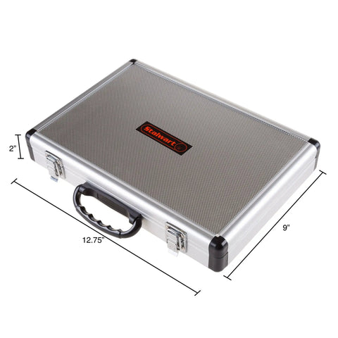Aluminum carrying case for 35 Piece Router Bits Set Carbide Woodworking Kit for DIY Home Improvement with dimensions 12.75 x 9 x 2 inches.
